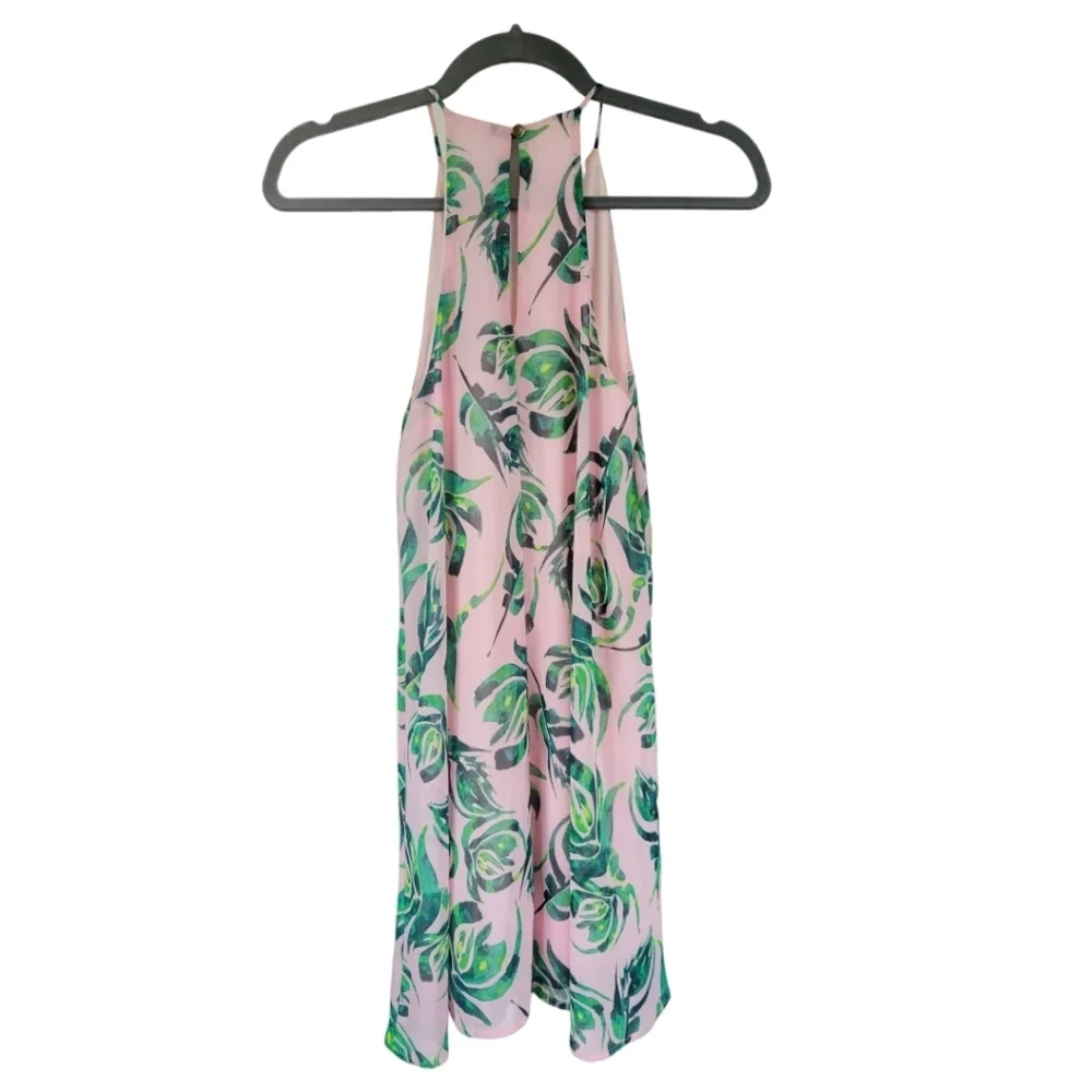 Everly‎ Halter Swing Mini Dress XS Pink Green Tropical Vacation Resort Coastal
